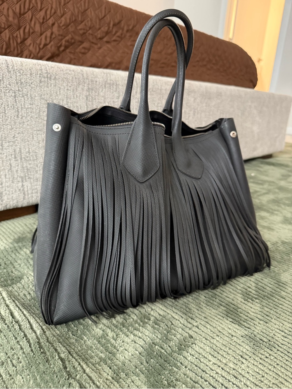 Black Fringe Tote Bag with Top Handles